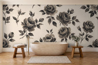 Black And White Rose Floral Mural in a bathroom