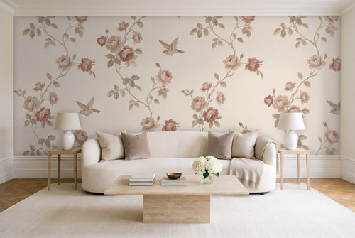 Blush Rose Floral Mural in a living room