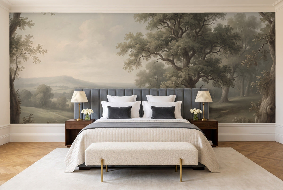 Sage Countryside Landscape Mural in a bedroom