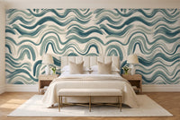 Teal Wave Abstract Mural in a bedroom