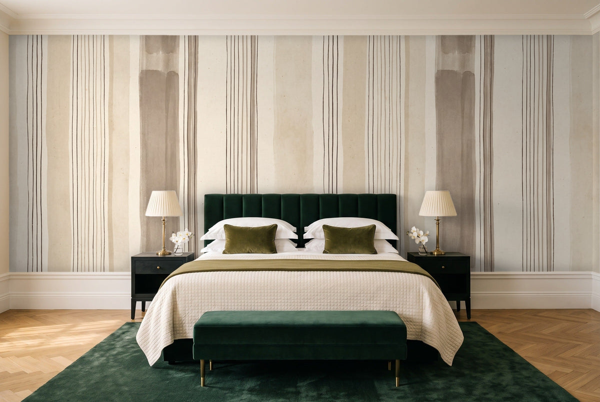 Beige Stripe Mural in a bedroom