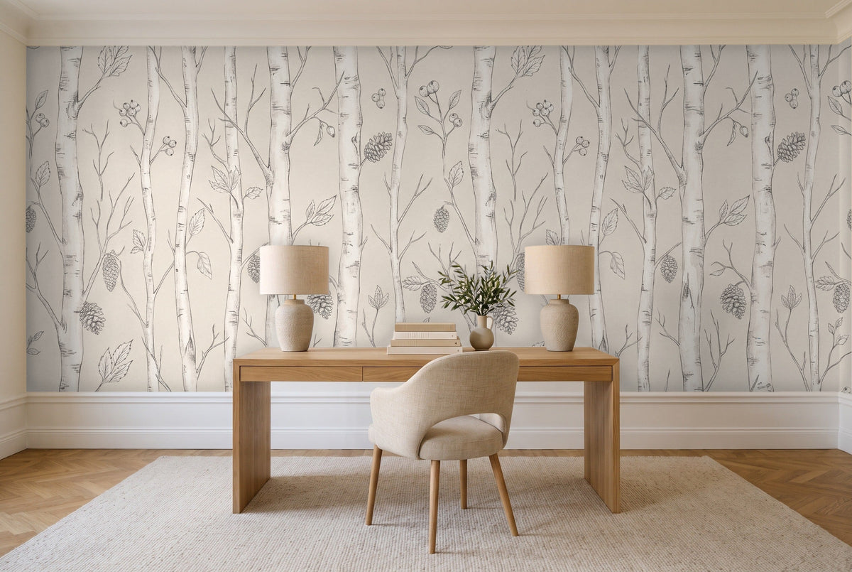 White Birch Botanical Mural in a home office
