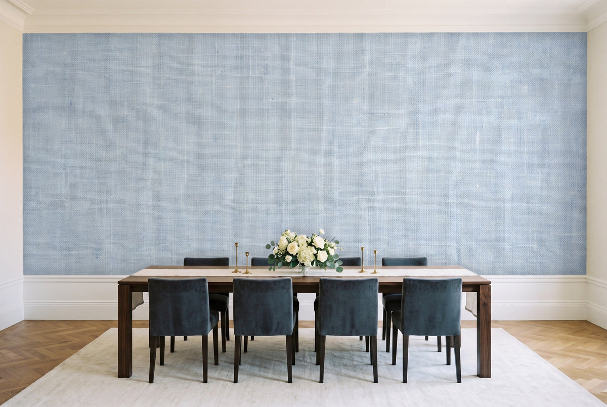 Light Blue Linen Texture Mural in a dining room