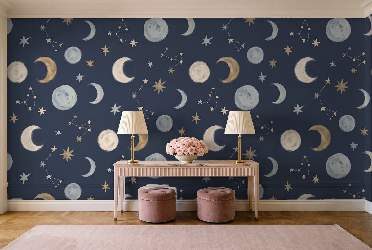 Navy Moon Celestial Mural in an entryway