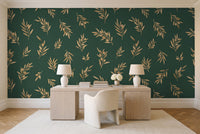 Green And Gold Olive Branch Botanical Mural in a home office