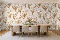 White And Gold Tulip Floral Mural in a dining room