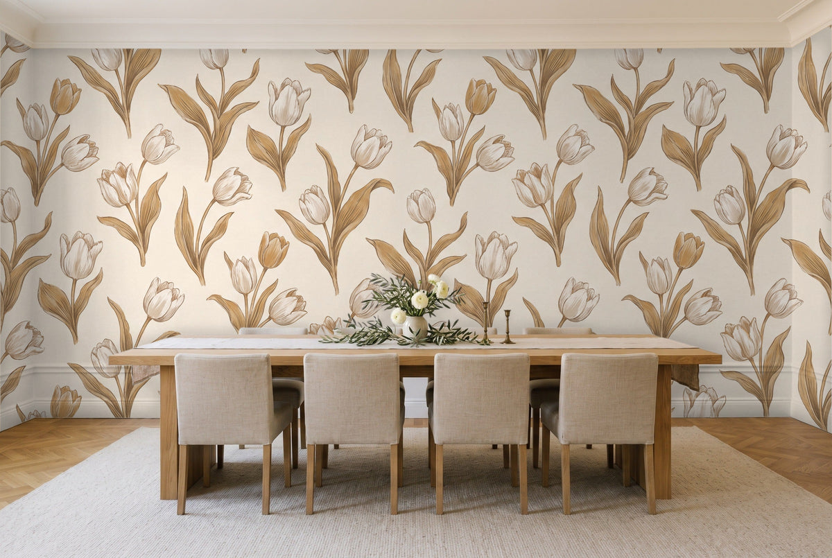 White And Gold Tulip Floral Mural in a dining room