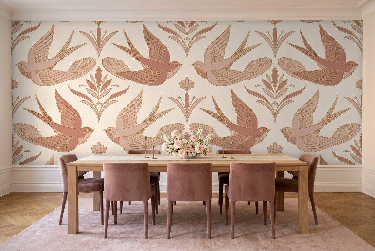 Blush Swallow Animal Mural in a dining room
