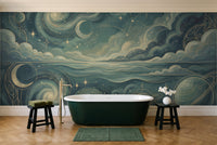 Teal Galaxy Celestial Mural in a bathroom