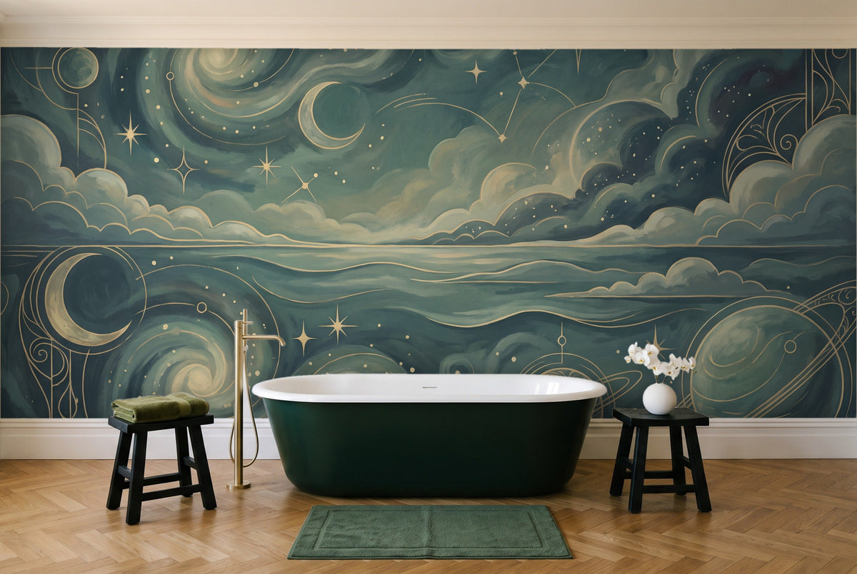 Teal Galaxy Celestial Mural in a bathroom