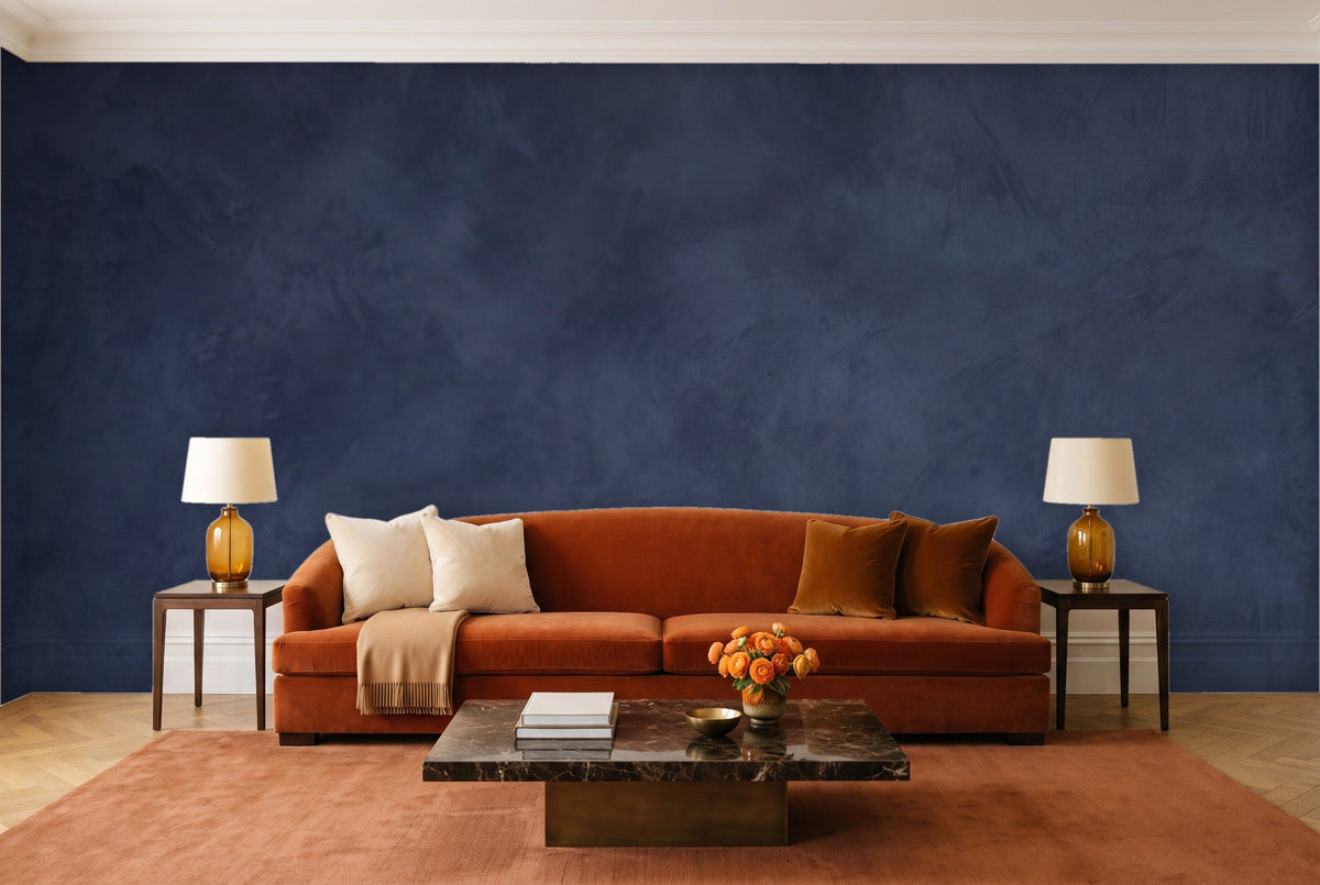 Navy Plaster Texture Mural in a living room