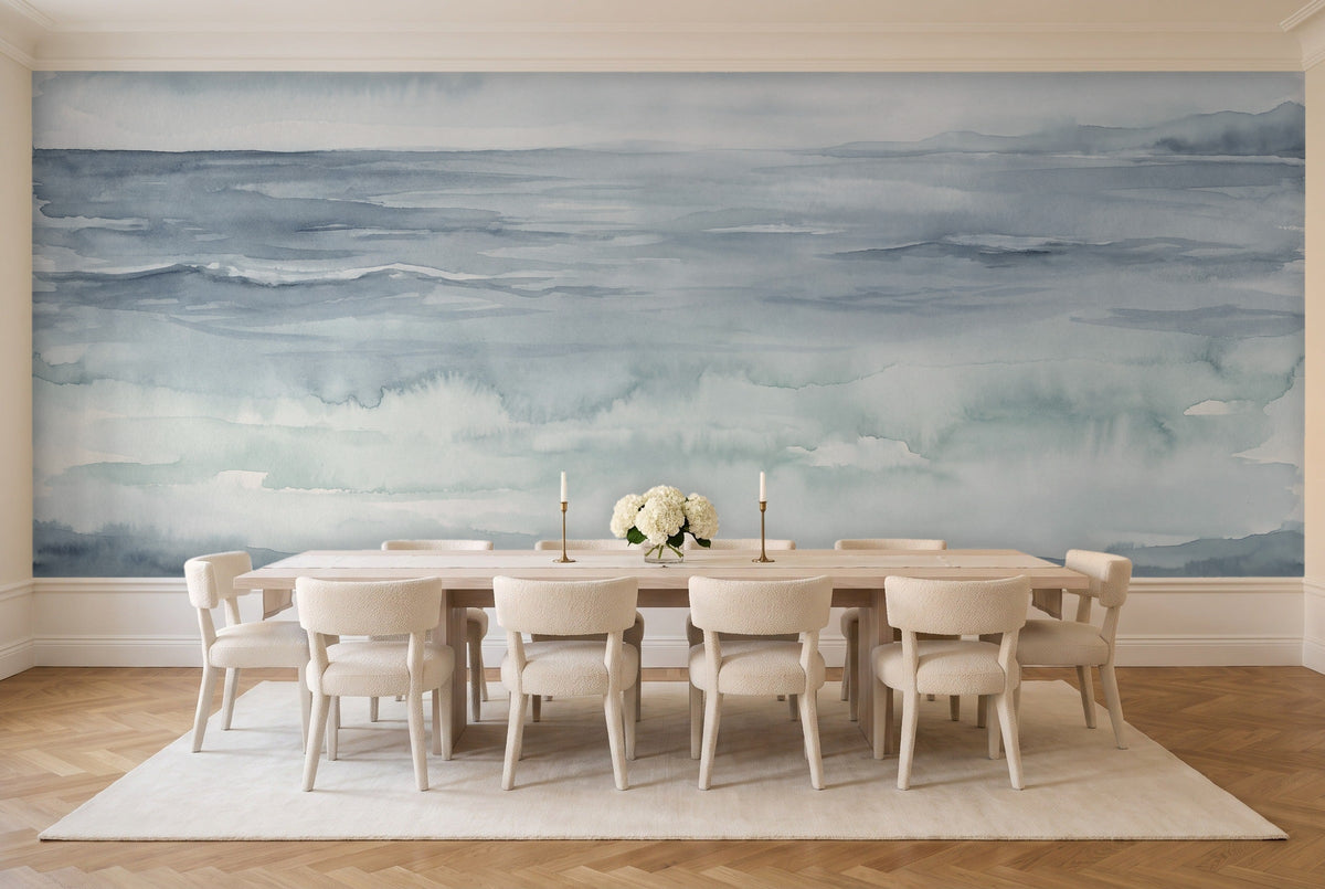Blue Ocean Landscape Mural in a dining room