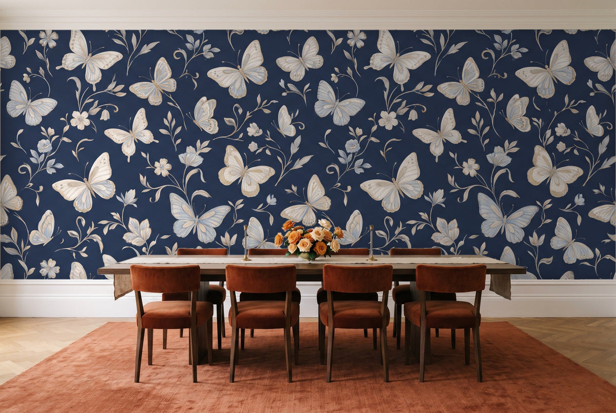 Navy Butterfly Mural in a dining room
