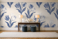 Blue And White Tulip Floral Mural in an entryway