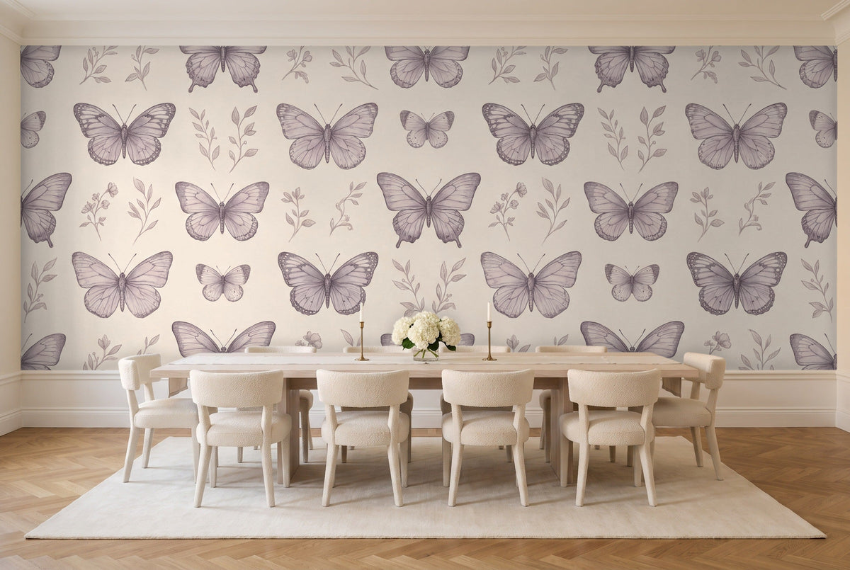 Lilac Butterfly Mural in a dining room