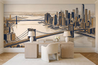 Blue And Gold New York Cityscape Mural in a home office