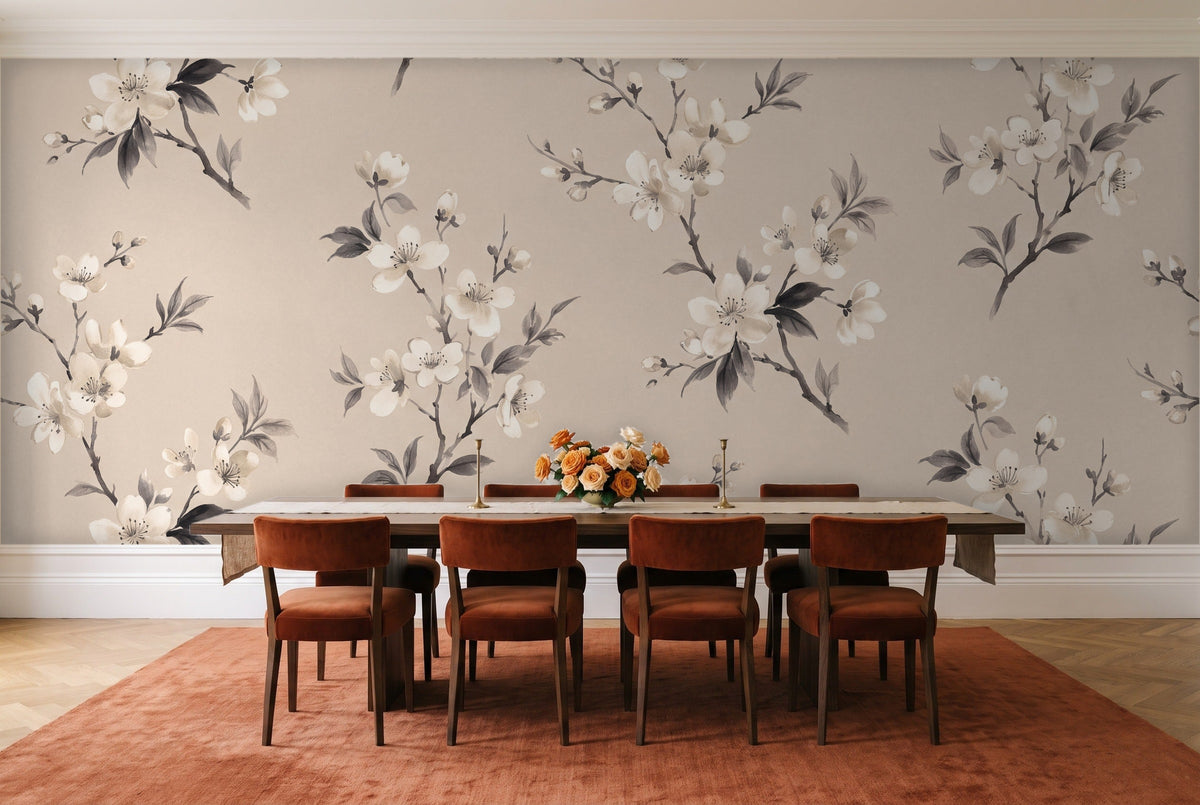 Cream Cherry Blossom Floral Mural in a dining room