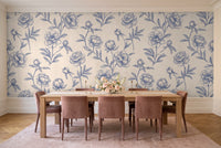 Blue And White Peony Floral Mural in a dining room