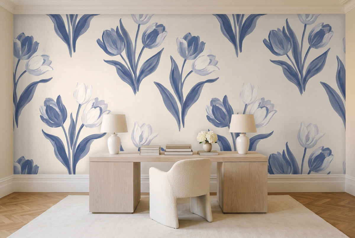 Blue And White Tulip Floral Mural in a home office