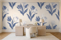 Blue And White Tulip Floral Mural in a home office