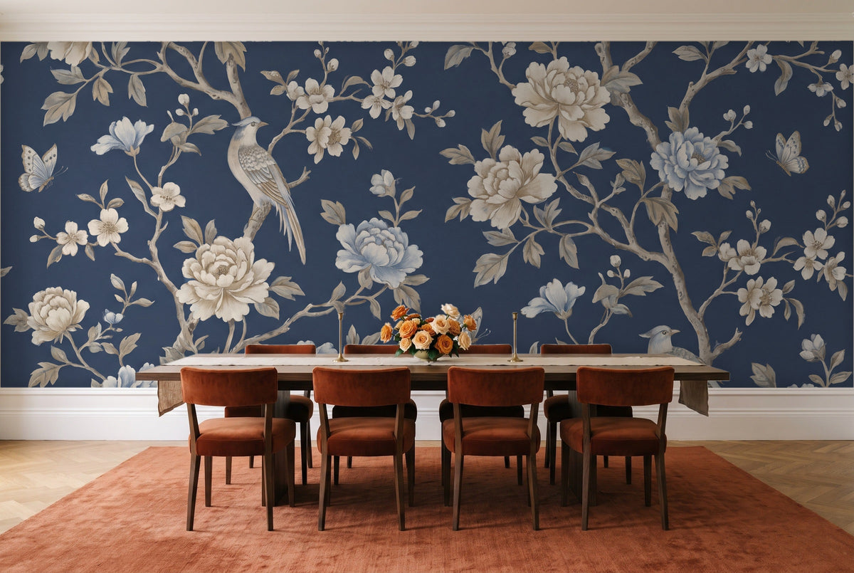 Navy Peony Floral Mural in a dining room