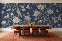 Navy Peony Floral Mural in a dining room