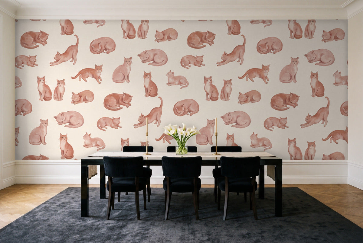 Blush Cat Animal Mural in a dining room