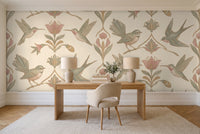 Green And Pink Songbird Animal Mural in a home office