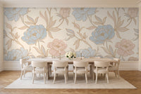 Blue And Pink Peony Floral Mural in a dining room