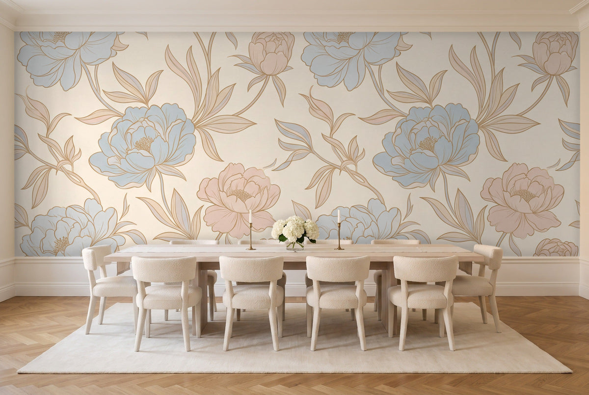 Blue And Pink Peony Floral Mural in a dining room