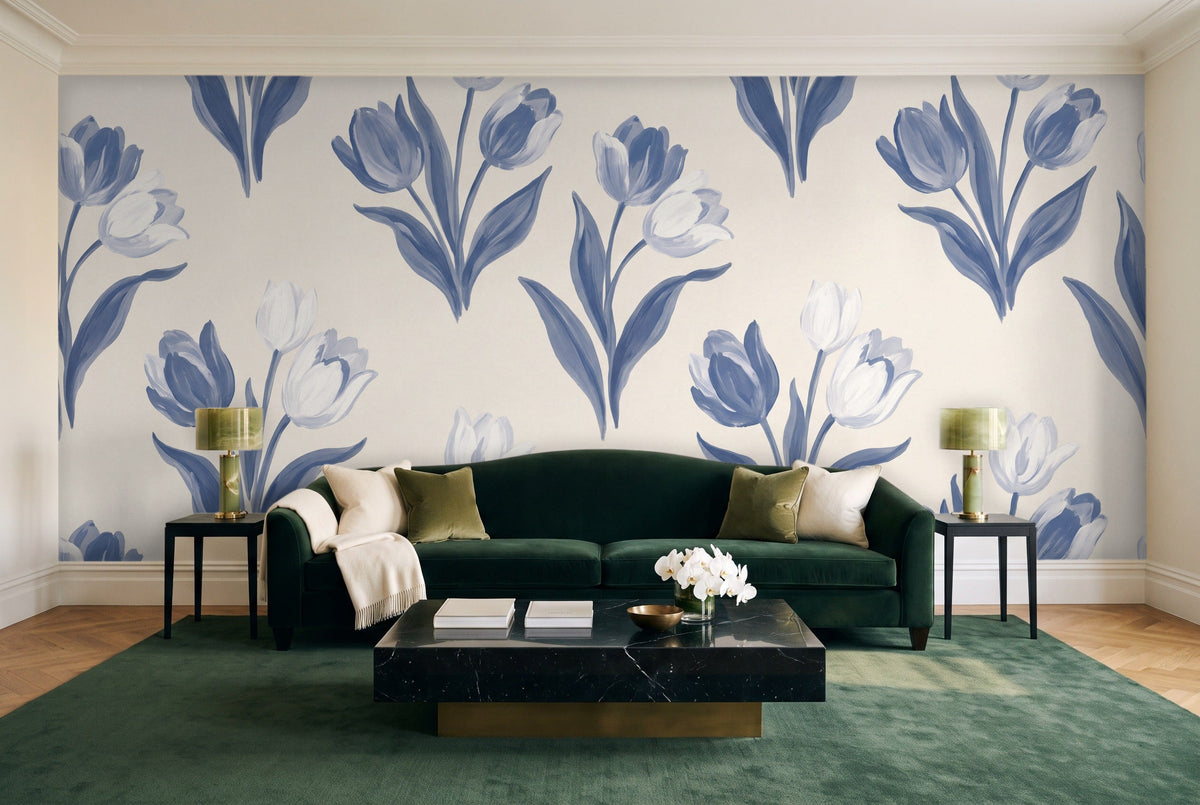 Blue And White Tulip Floral Mural in a living room