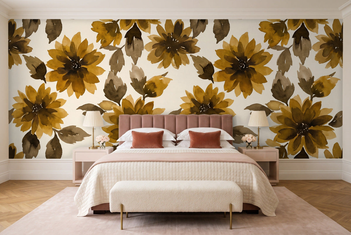 Ochre Dahlia Floral Mural in a bedroom