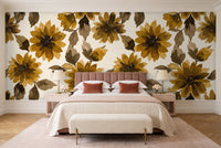 Ochre Dahlia Floral Mural in a bedroom