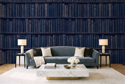 Navy Bookshelf Library Mural in a living room