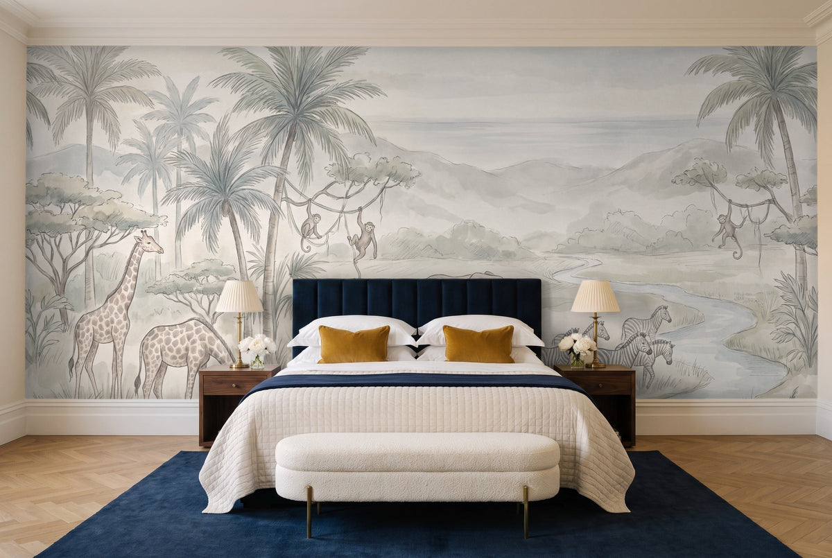 Sage Jungle Animals Landscape Mural in a bedroom