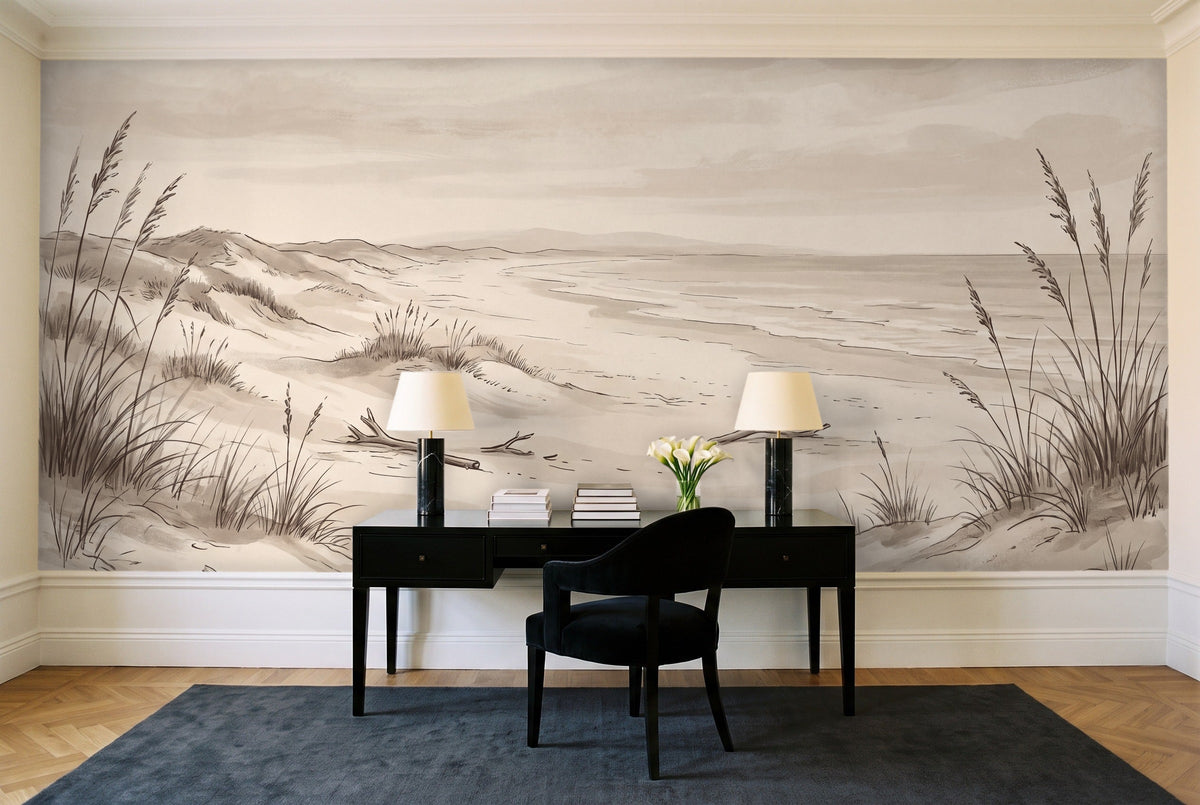 Beige Beach Landscape Mural in a home office