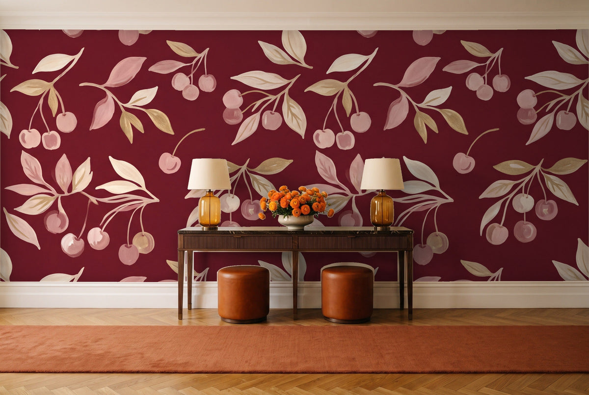 Burgundy Cherry Botanical Mural in an entryway