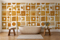 Ochre Grid Geometric Mural in a bathroom