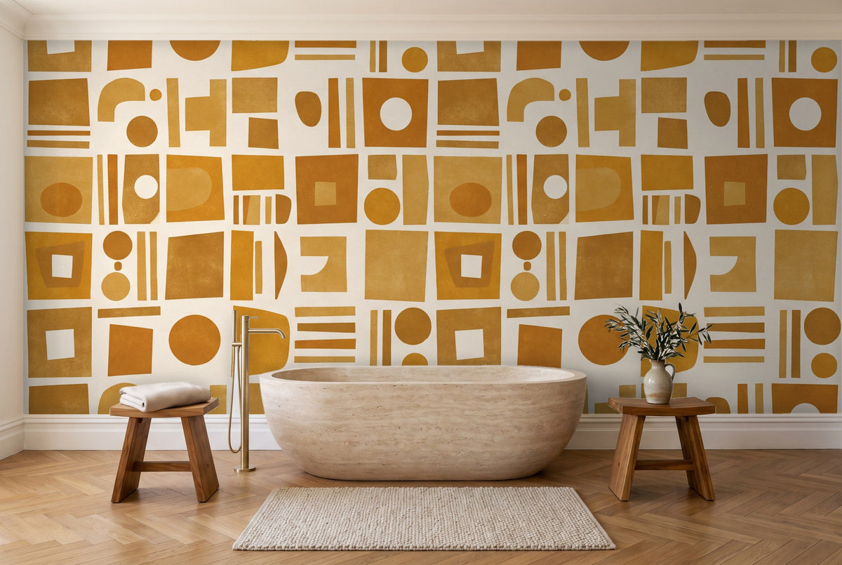 Ochre Grid Geometric Mural in a bathroom