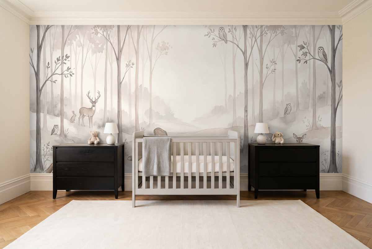 Cream Woodland Animals Landscape Mural in a nursery