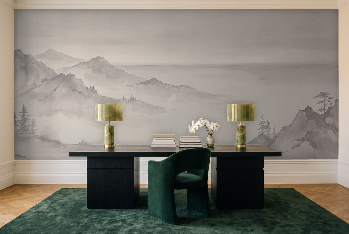 Grey Mountain Landscape Mural in a home office