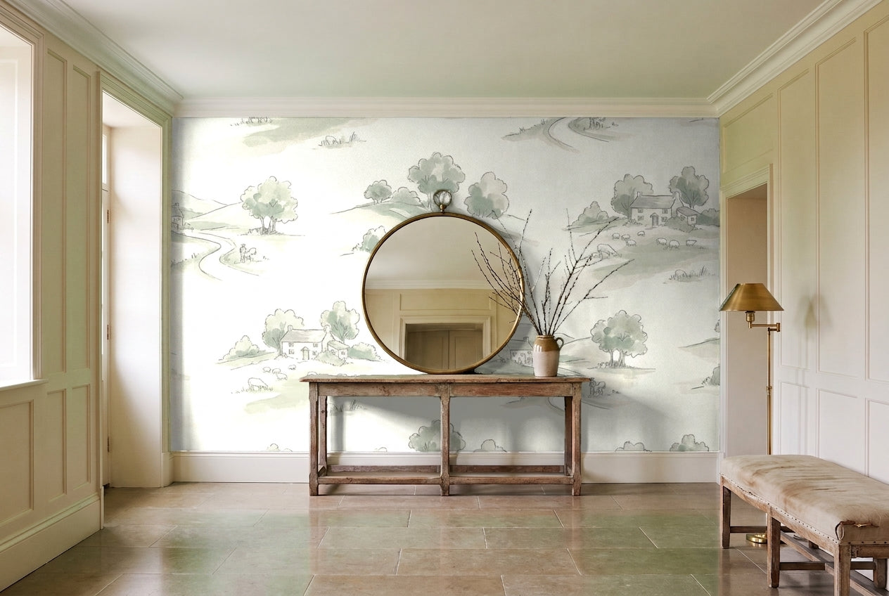 Sage Meadow Landscape Mural on a feature wall