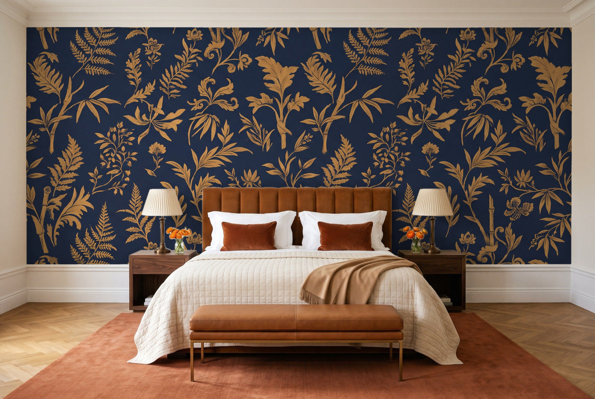Blue And Gold Fern Botanical Mural in a bedroom