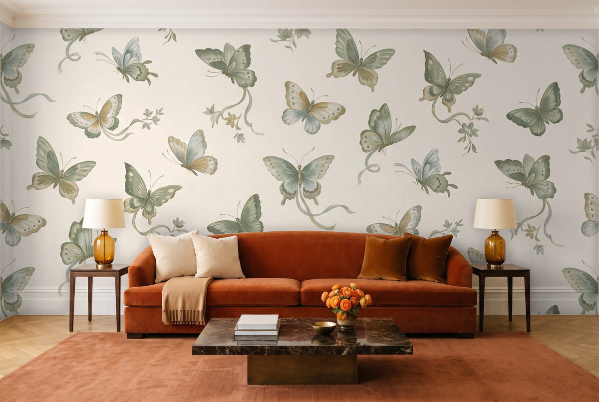 Green Butterfly Mural in a living room