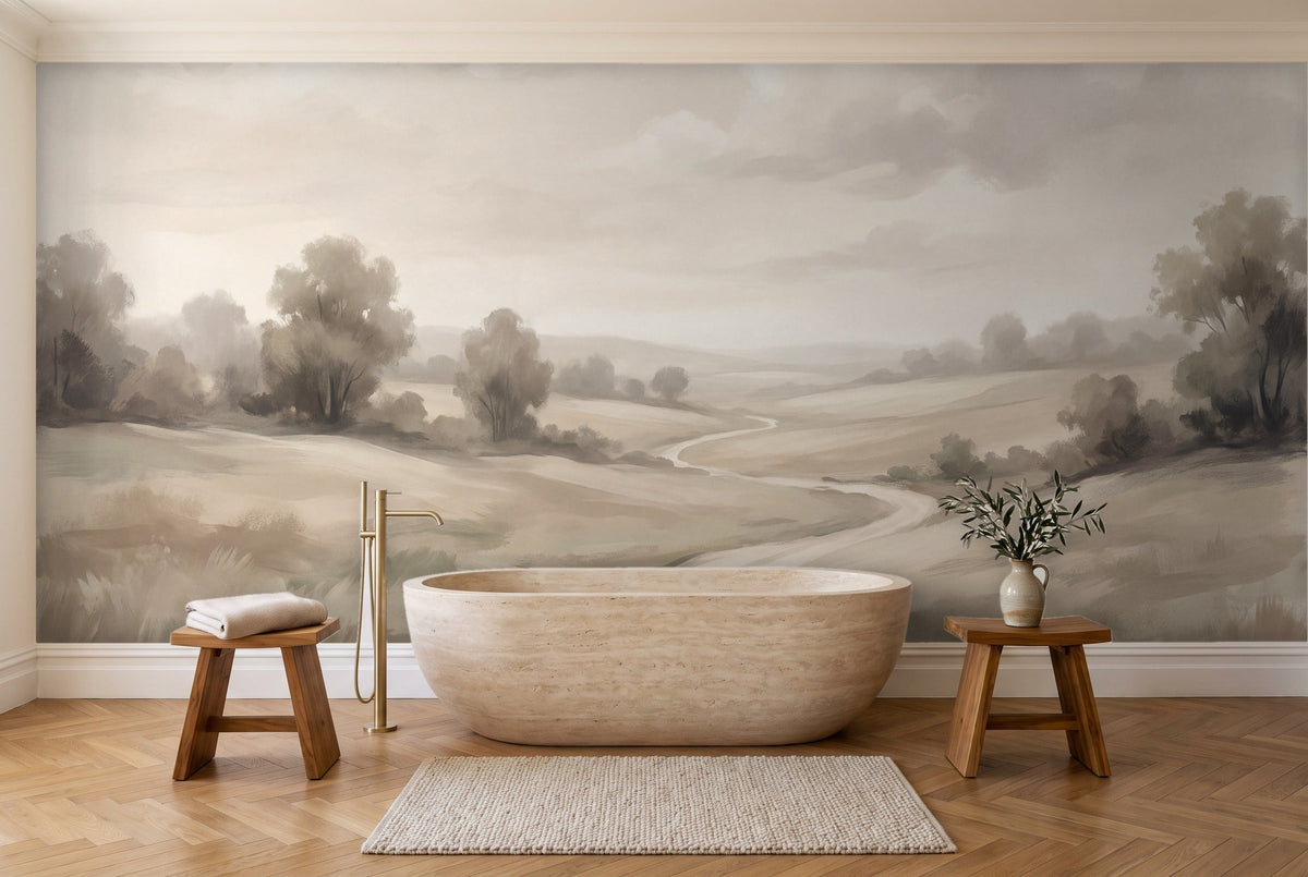 Cream Meadow Landscape Mural in a bathroom