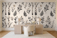 Black And White Birch Botanical Mural in a home office