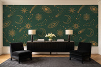 Green And Gold Stars Celestial Mural in a living room