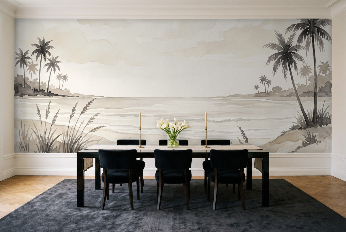 Cream Beach Landscape Mural in a dining room