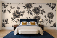Black And White Rose Floral Mural in a bedroom