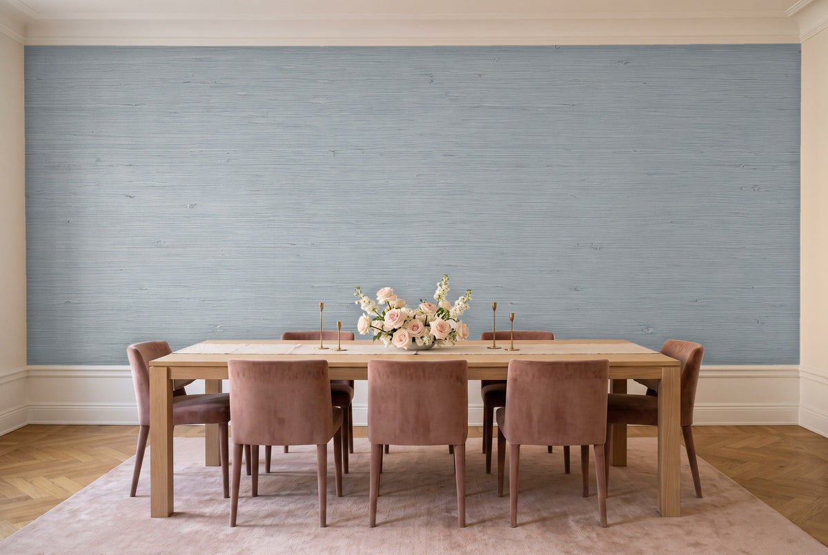 Light Blue Grasscloth Texture Mural in a dining room